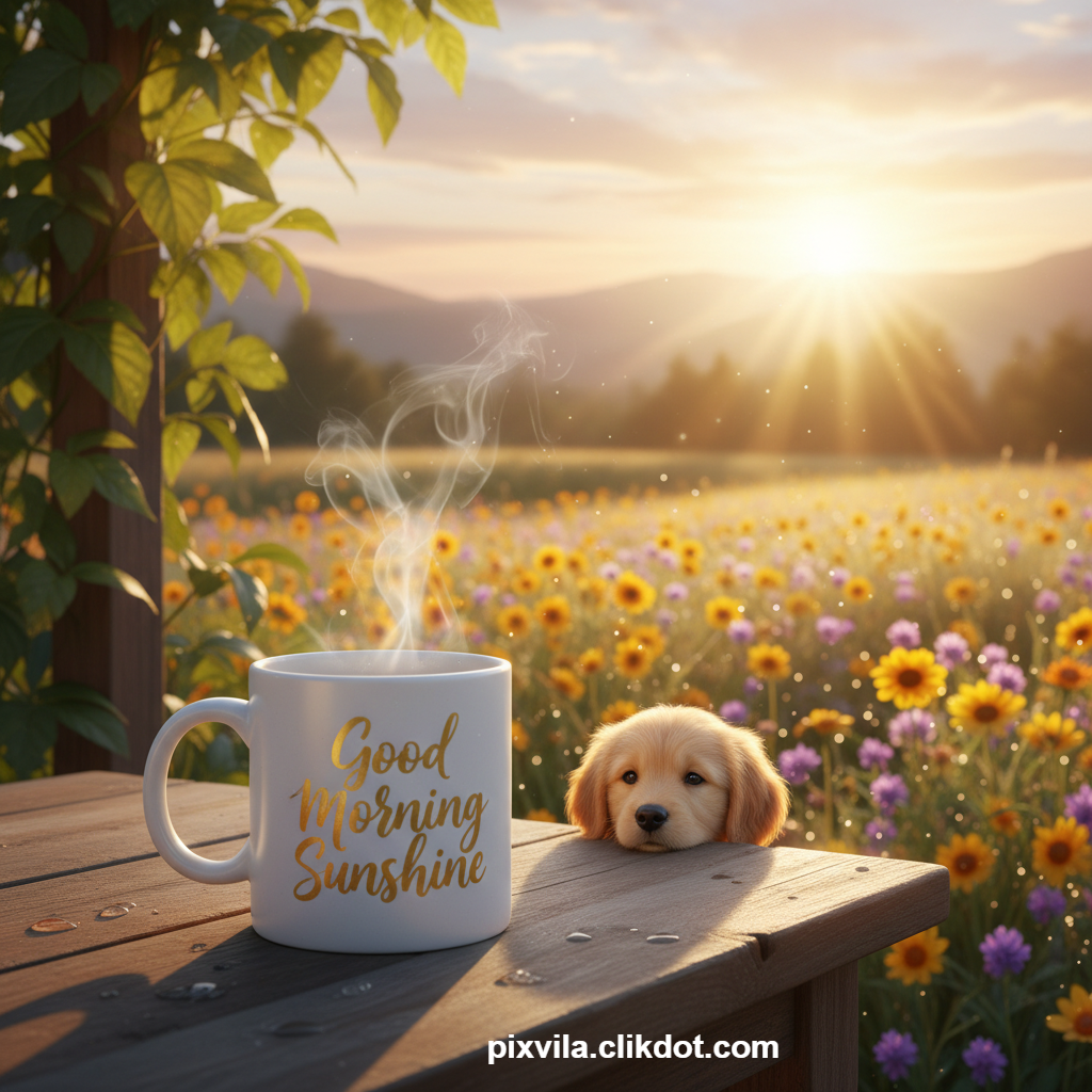 Cute golden retriever puppy looking over wooden table at steaming coffee mug with "Good Morning Sunshine" text in gold, set in sunny wildflower field with sunflowers, daisies, warm sunrise light and distant mountains