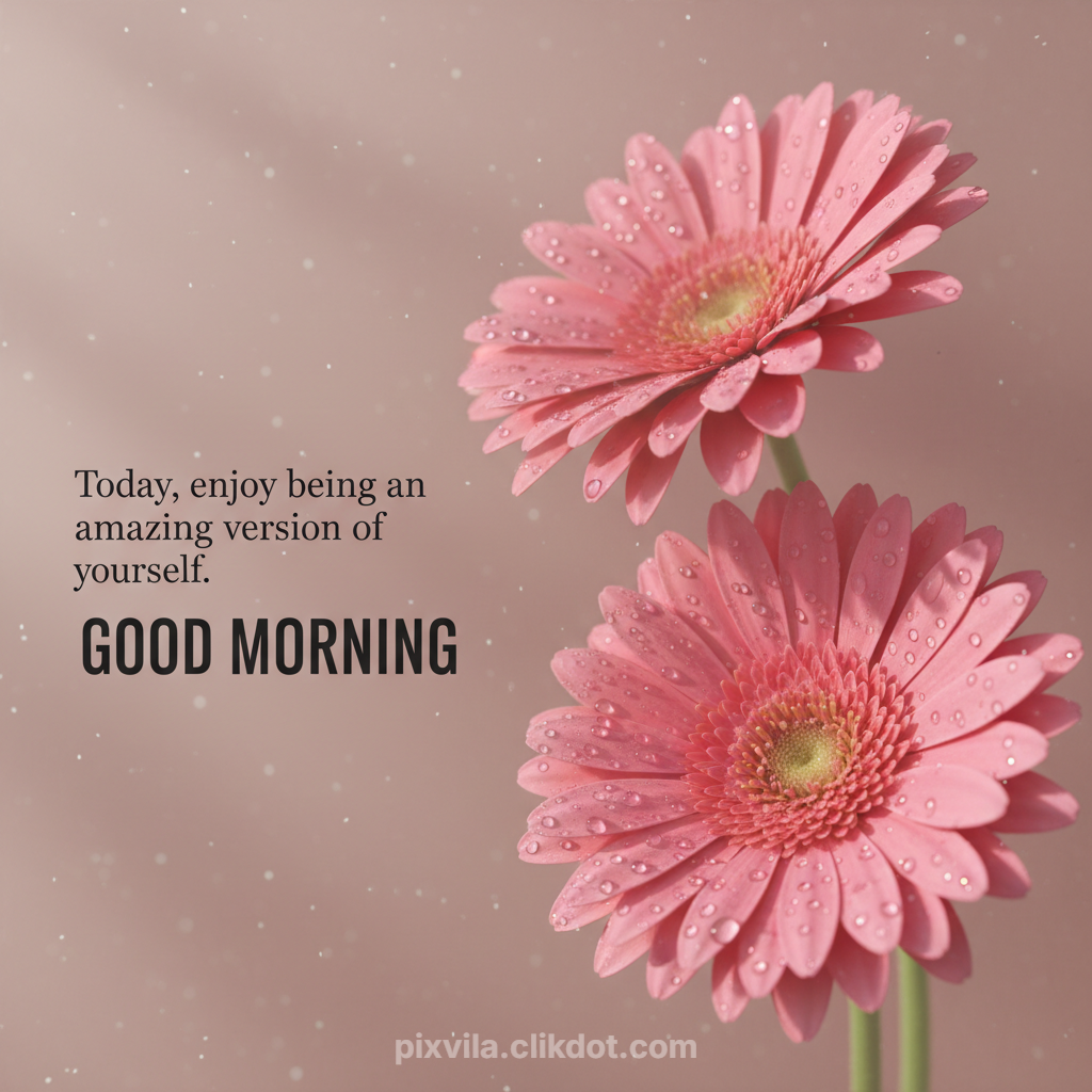 Two fresh pink gerbera daisies with water droplets sparkling in soft light against pink bokeh background, overlaid with motivational quote "Today, enjoy being an amazing version of yourself GOOD MORNING"