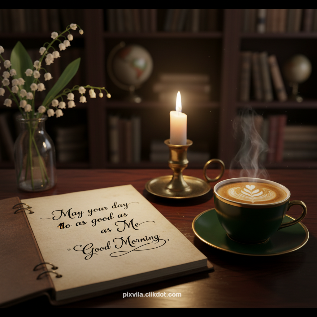 Cozy wooden desk scene with open vintage notebook text "May your day be as good as Me ~ Good Morning ~", steaming green latte with heart art, lit candle, lily-of-the-valley flowers, blurred books and globe in background
