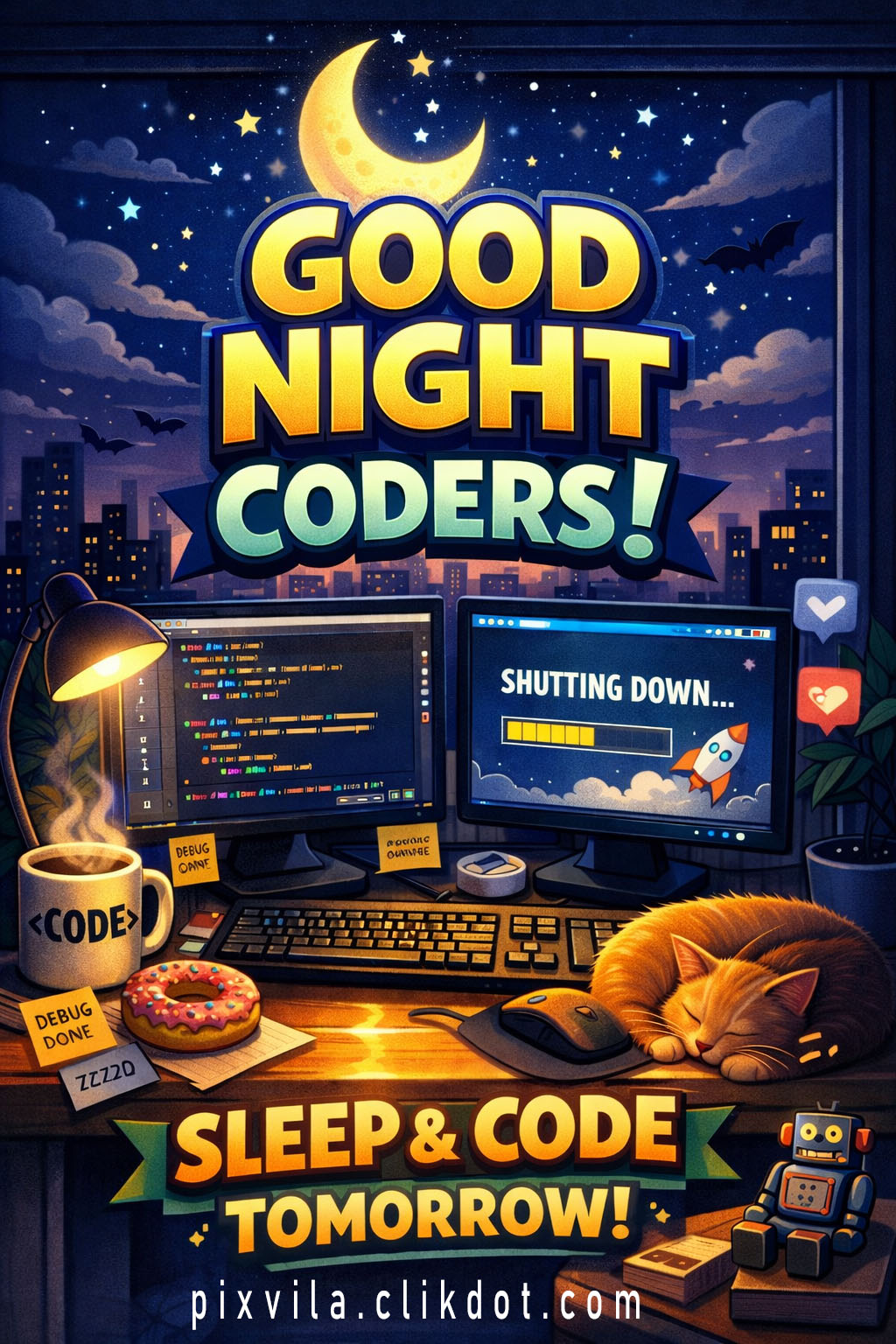 Good night coders motivational wallpaper with starry night sky moon stars bats city skyline cozy desk dual monitors showing code and shutting down progress rocket sleeping orange cat coffee mug donut keyboard lamp robot toy and text Sleep & Code Tomorrow