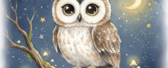AI-generated good night owl image with cute owl perched on branch under starry night sky, crescent moon, stars, mushrooms, sleep tight message