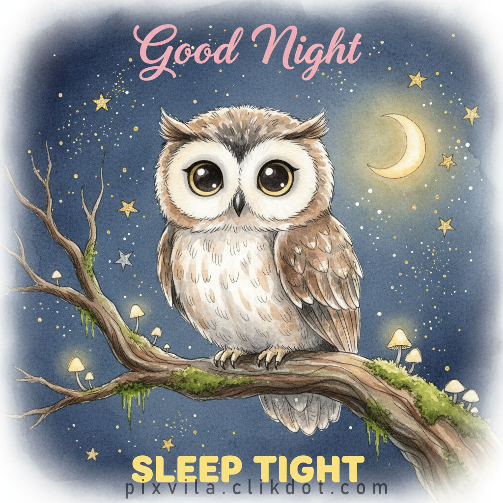 AI-generated good night owl image with cute owl perched on branch under starry night sky, crescent moon, stars, mushrooms, sleep tight message