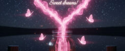 AI-generated good night sweet dreams image with pink glowing heart smoke from a glass jar, butterflies flying, starry night sky and lake reflection