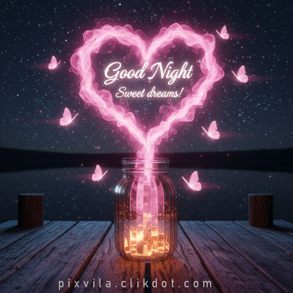 AI-generated good night sweet dreams image with pink glowing heart smoke from a glass jar, butterflies flying, starry night sky and lake reflection