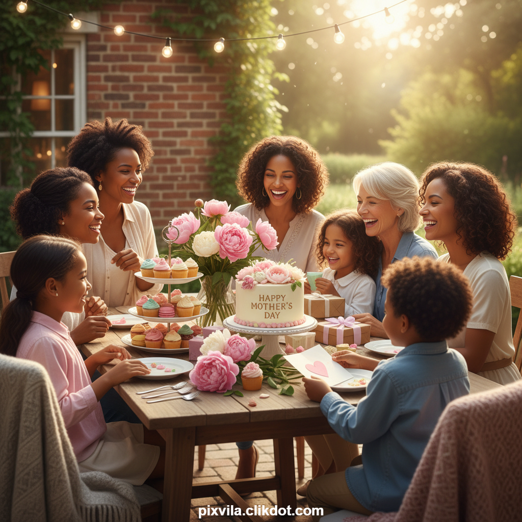 Joyful diverse family (grandmother, mothers, daughters, young girl and boy) celebrating Mother's Day at outdoor wooden table with pink peony "HAPPY MOTHER'S DAY" cake, tiered cupcakes, fresh flowers, wrapped gifts, cards, and string lights in sunny garden