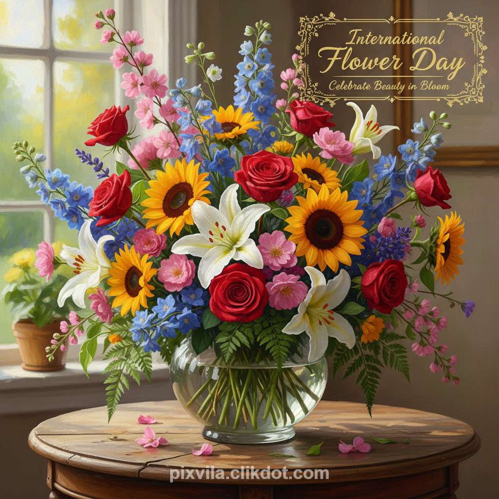 Vibrant mixed flower bouquet in glass vase on wooden table by sunny window, featuring red roses, sunflowers, white lilies, pink peonies, blue delphiniums, and scattered petals, overlaid with golden frame text "International Flower Day Celebrate Beauty in Bloom"
