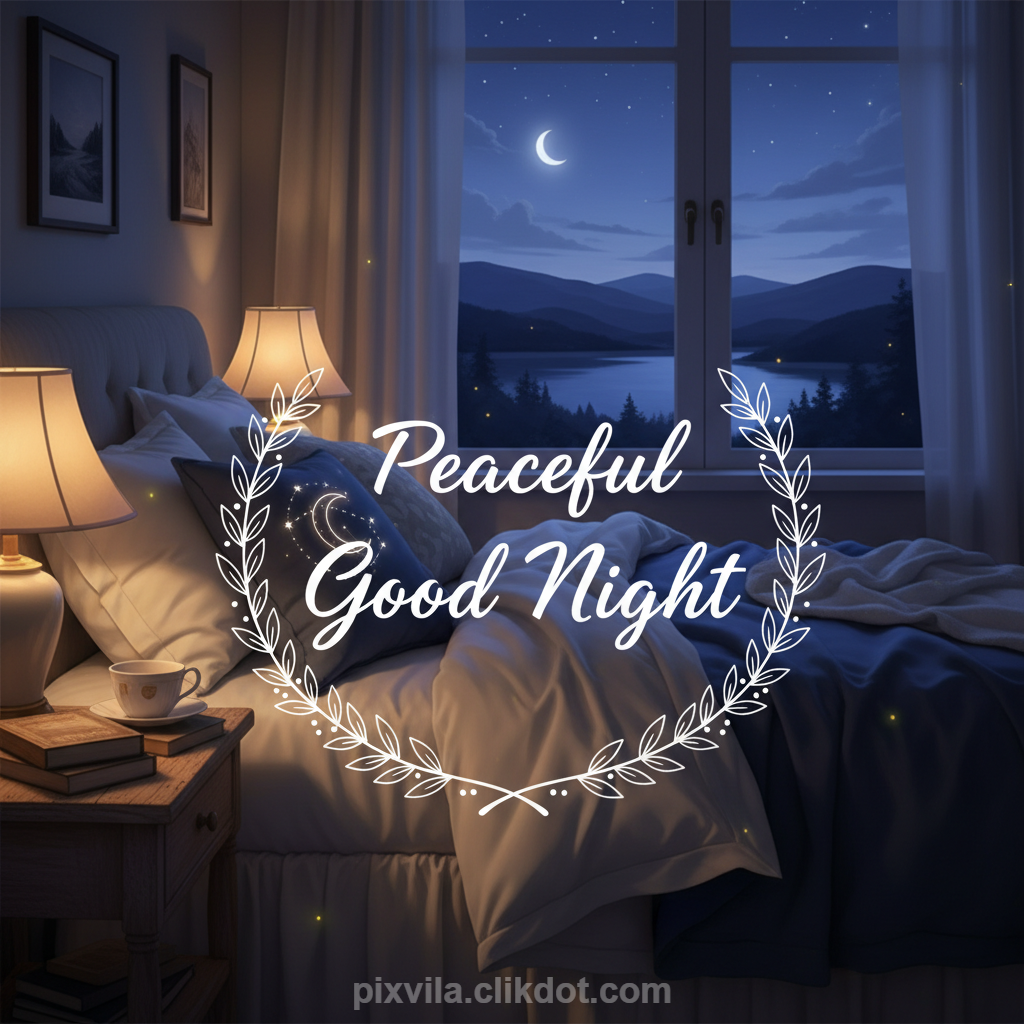 Serene cozy bedroom at night with warm bedside lamps, rumpled blue bedding, pillows, open books, teacup, large window showing starry sky crescent moon over mountains and lake, overlaid with elegant "Peaceful Good Night" leafy wreath and sparkles