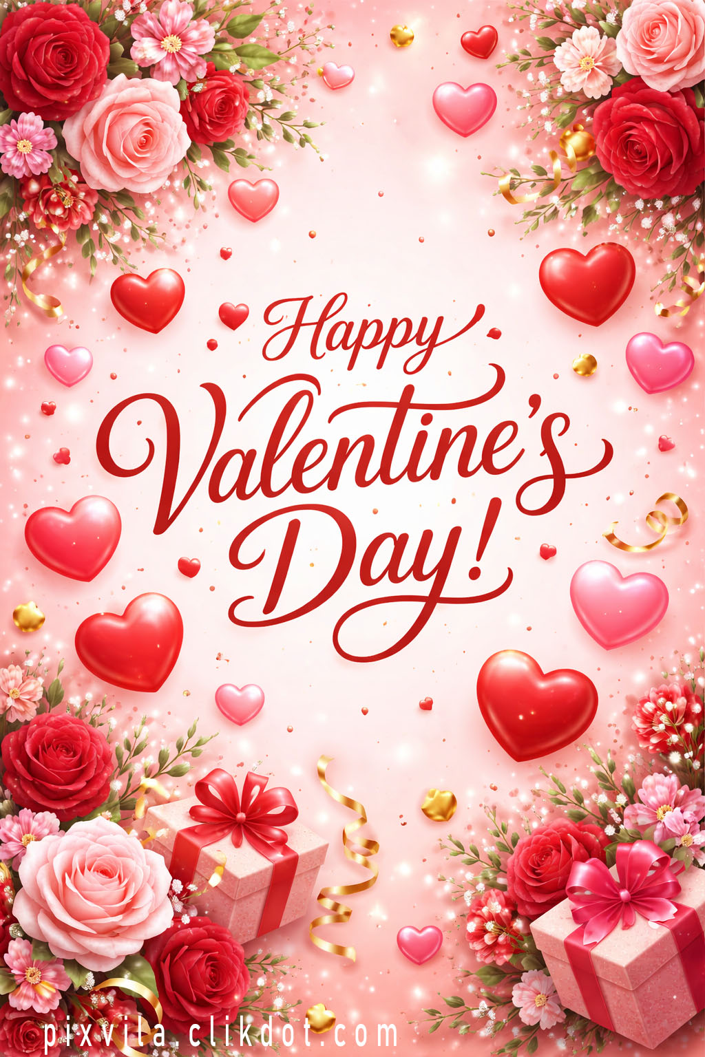 Happy Valentine's Day greeting card with red hearts, pink roses, gift boxes, and sparkles on a pink background – free AI generated image download